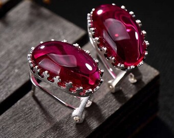 Artisan Ruby Red Corundum Earrings for Women, 925 Sterling Silver Earrings for Girls, Hypoallergenic Stylish Earrings