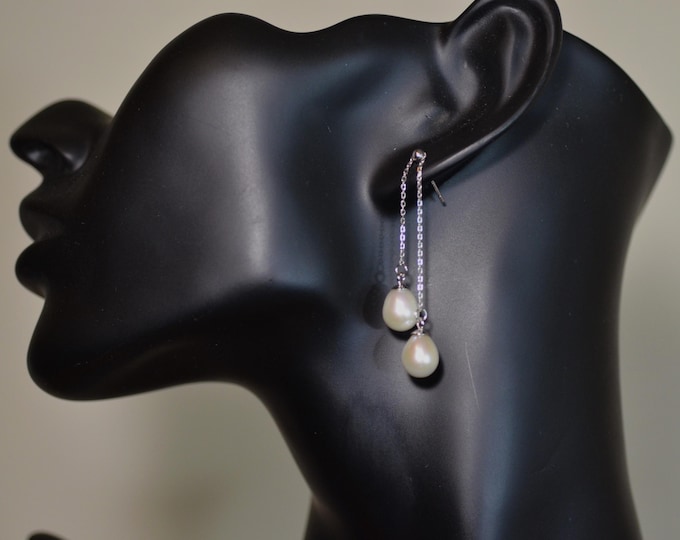 Double Freshwater Pearl Earrings for Women, Long Adjustale Tassel Earrings, Fine Silver Jewelry, Hypoallergenic