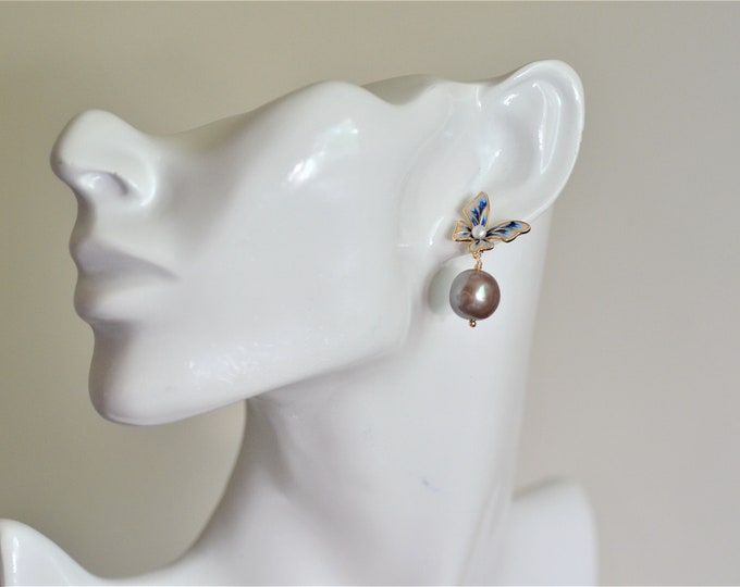Enamel Butterfly Earrings for Women, 11-12 mm Metallic Lavender Edison Pearl Earrings, Gold Vermeil Jewelry, Hypoallergenic