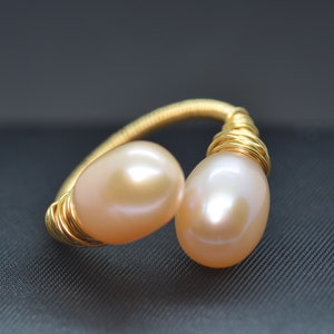 Freshwater Pearl Ring for Women, Adjustable Gold Ring, 14k Gold Filled Ring, Wire Wrapped Ring, Hypoallergenic