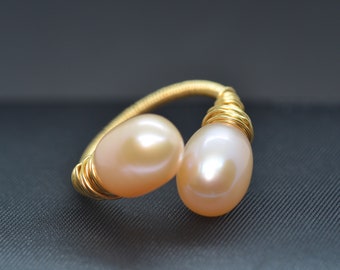 Freshwater Pearl Ring for Women, Adjustable Gold Ring, 14k Gold Filled Ring, Wire Wrapped Ring, Hypoallergenic