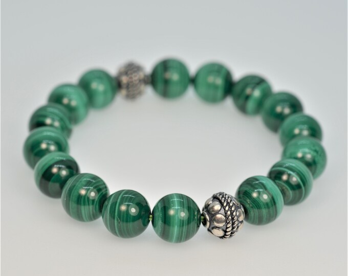 Malachite Gemstone Bracelet, 925 Sterling Silver Beads, Unisex