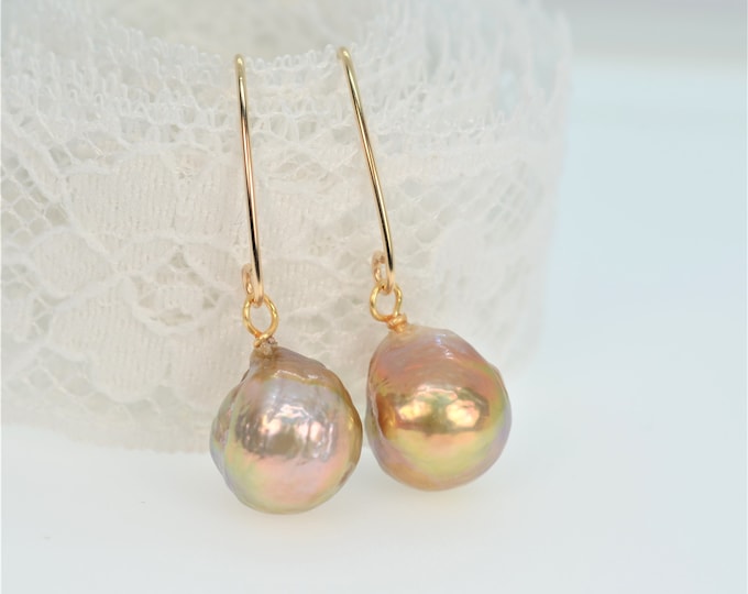 12mm Metallic Edison Pearl Drop Earrings, Freshwater Baroque Pearl Dangle Earrings, 14K Gold Filled Hypoallergenic Jewelry Gift