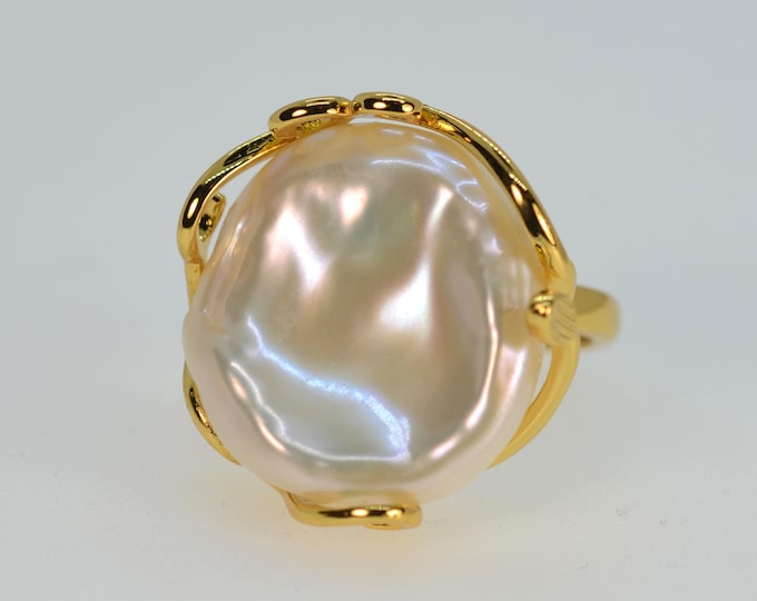 Large Baroque Freshwater Pearl Ring for Women, Gold Vermeil Jewelry, Hypoallergenic