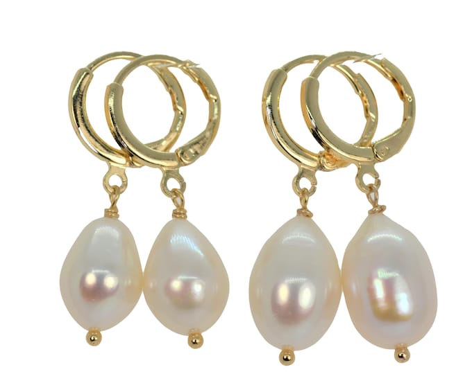 Teardrop Freshwater Pearl Earrings for Women, Gold Huggie Hoop Earrings, 14K gold Filled Jewelry, Hypoallergenic