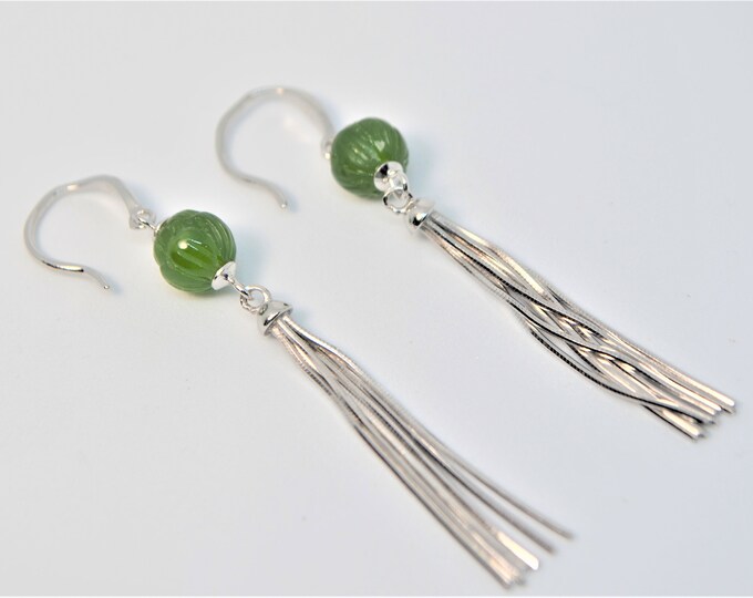 Solid Sterling Silver Natural Green Nephrite Jade Earrings for Women, Lotus Flower Long Tassel Dangle Earrings, Hypoallergenic