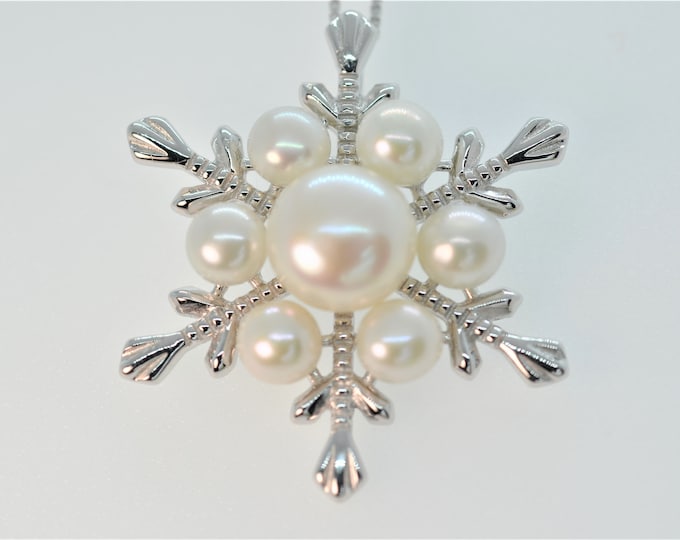 Large Snowflake Pendant Necklace for Women, Freshwater Pearl Necklace, 925 Sterling Silver, Hypoallergenic, Holiday Gift