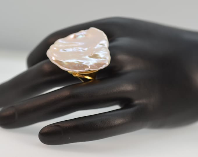 Huge Baroque Pearl Ring for Women, Genuine Freshwater Pearl Adjustable Ring, Gold Vermeil Jewelry, Hypoallergenic