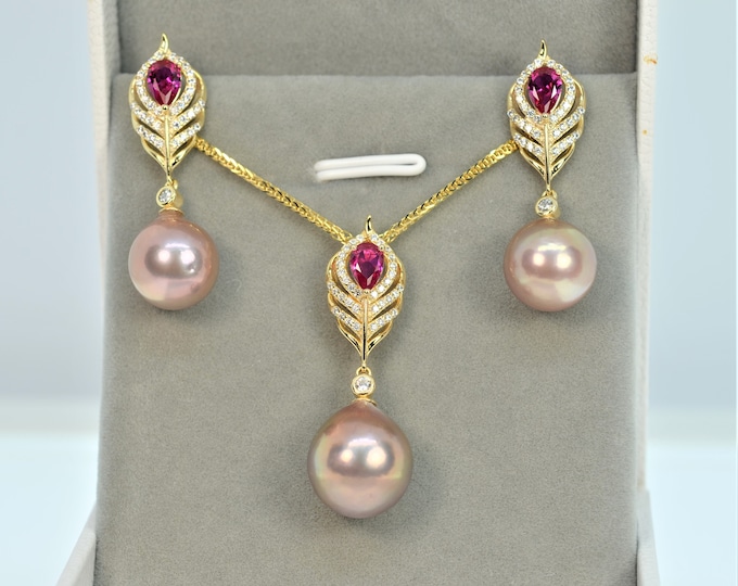 Natural Metallic Edison Pearl Pendant Necklace and Earrings Set for Women, Fine Gold Vermeil Jewelry, Wedding Jewelry Set