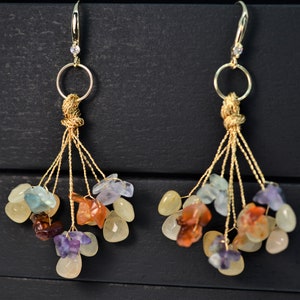 Wire Wrapped Flower Earrings for Women, Bouquet Earrings, 14K Gold Filled Earrings, Multigem Earrings