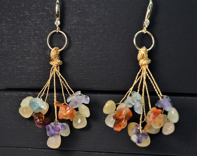 Wire Wrapped Flower Earrings for Women, Bouquet Earrings, 14K Gold Filled Earrings, Multigem Earrings