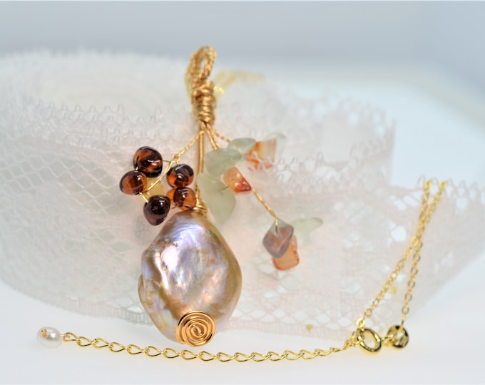 Large Baroque Pearl Pendant Necklace for Women, Multi Gems Bouquet Pendant,14K Gold Filled Necklace, Wire Wrapped Jewelry