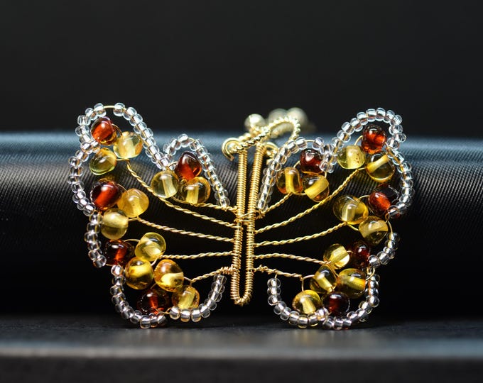 Artisan Butterfly Pendant Necklace, 14k Gold Filled Wire Wrapped Jewelry, Gemstone Beads