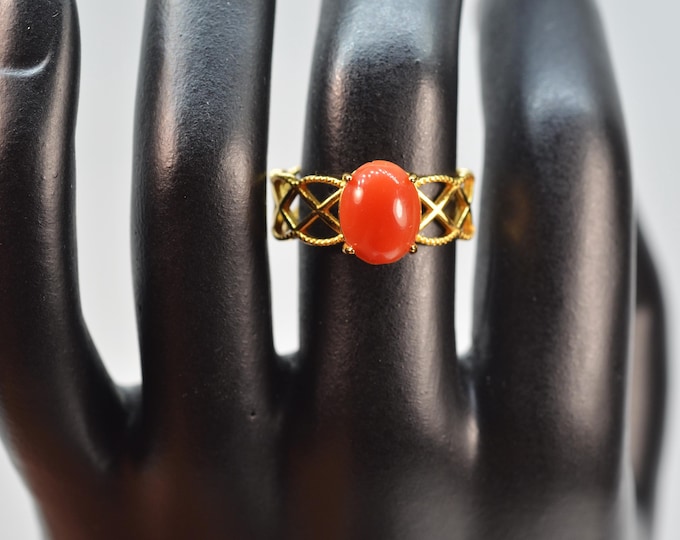 Natural Color Coral Ring, Gold Vermeil Crisscross Lattice Design, Adjustable Size