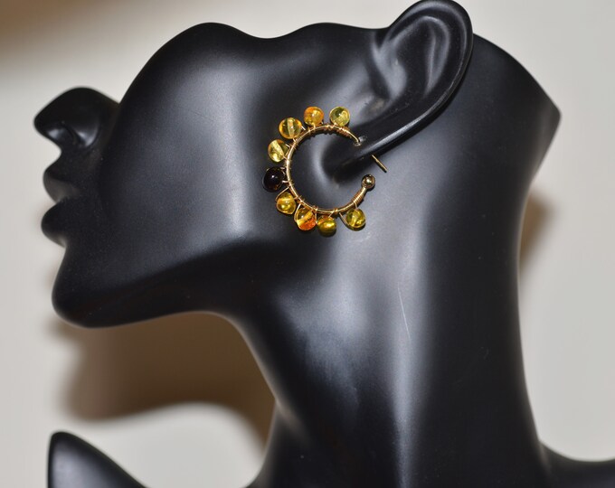 14K Gold Filled Wire Wrapped Earrings for Women, Natural Baltic Amber Earrings, Hypoallergenic