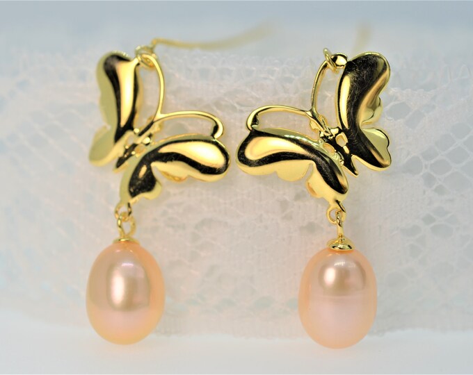 Gold Threader Earrings for Women, Golden Pink Freshwater Pearl Earrings, Gold Vermeil Butterfly Earrings, Hypoallergenic