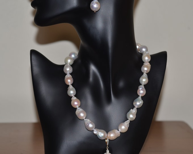 Large Baroque Pearl Necklace and Earrings Set for Women, Genuine Natural Color Freshwater Pearls, 14k Gold Fill, Multifunctional