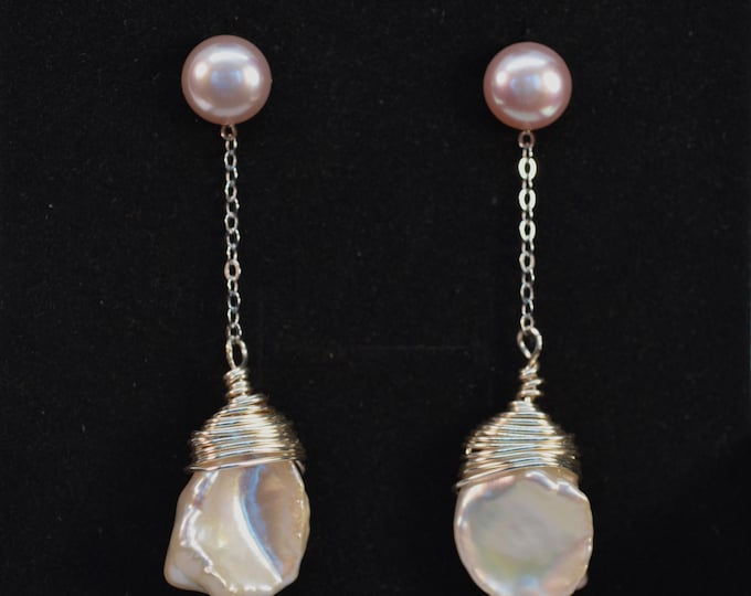 Baroque Pearl Earrings for Women, 925 Sterling Silver Tassel Earrings, Wire Wrapped Keshi Pearl Earrings, Two Way Earrings