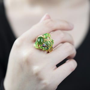Natural Green Nephrite Jade Ring for Women, 925 Sterling Silver Ring, Enamel Jewelry, Cloisonne Adjustable Ring, Hypoallergenic