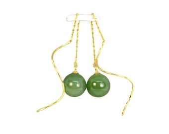 Natürliche Grüne Nephrit Jade Ohrringe für Frauen, Gold Vermeil Threader Ohrringe, Jade Schmuck, Hypoallergen