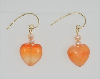 Natural Agate Earrings for Women, Heart Earrings, Pearl Earrings, 14K Gold Filled Earrings, Hypoallergenic,