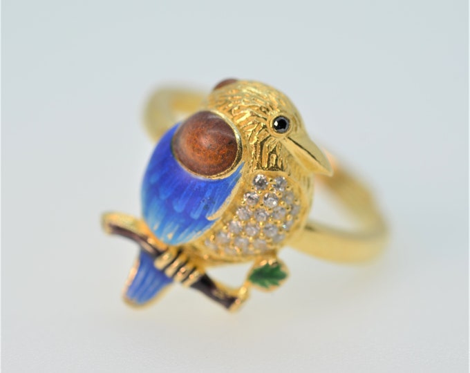 Enamel Bird Ring: 18k Gold Vermeil, 925 Sterling Silver, Adjustable