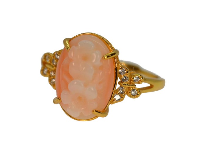 Natural Angel Skin Coral Flower Ring for Women: 18K Gold Vermeil, Adjustable