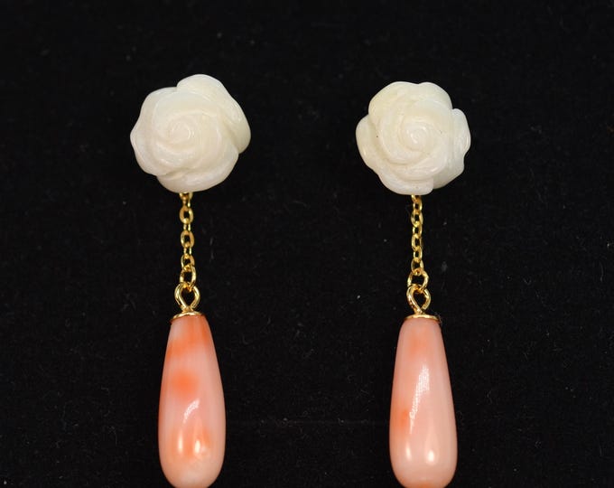 Two-Way Angel Skin Coral Drop Earrings with White Rose Studs, Gold Vermeil Jewelry