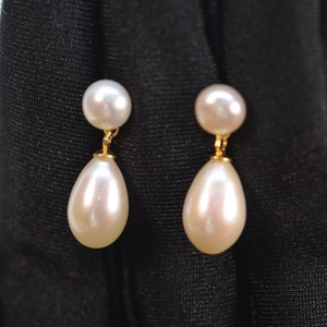 Klassieke pareloorbellen voor dames, echte witte dubbele zoetwaterpareloorbellen met hoge glans, fijne gouden vermeil sieraden, bruidsoorbellen