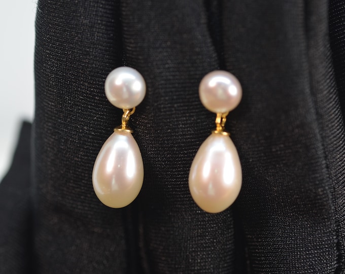 Classic Pearl Earrings for Women, Genuine High Luster White Freshwater Double Pearl Earrings, Fine Gold Vermeil Jewelry, Bridal Earrings