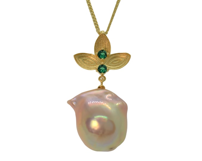 Baroque Pearl Pendant Necklace: Gold Vermeil Flower, Hypoallergenic Chain