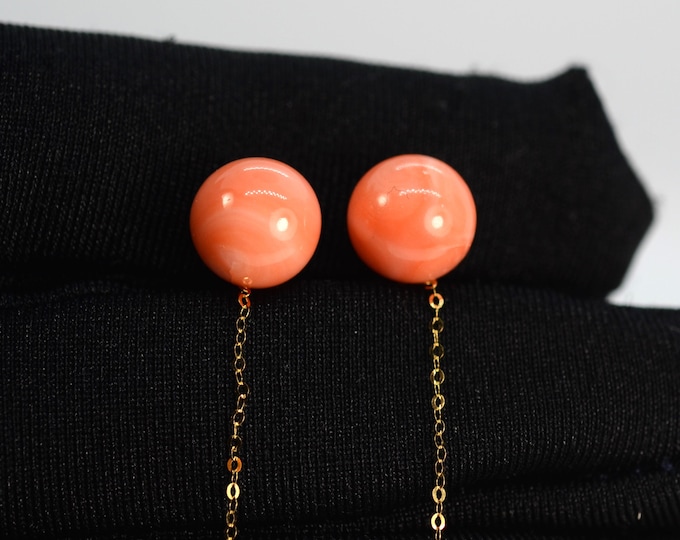 Solid 18K Yellow Gold Threader Earrings, Genuine Natural Color Deep Sea Coral, Hypoallergenic