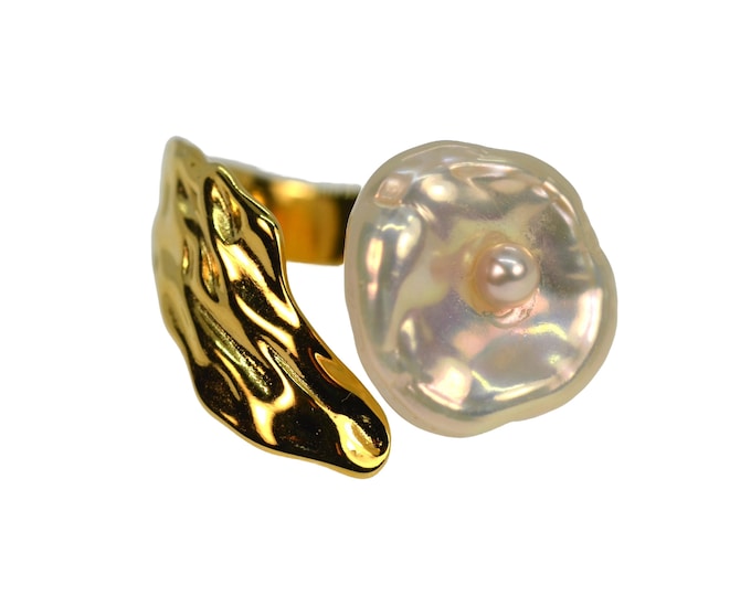 Baroque Keshi Pearl Ring for Women, Gold Vermeil Adjustable Band