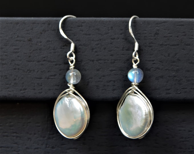 Sterling Silver Baroque Pearl Earrings, Wire Wrapped Moonstone, Hypoallergenic