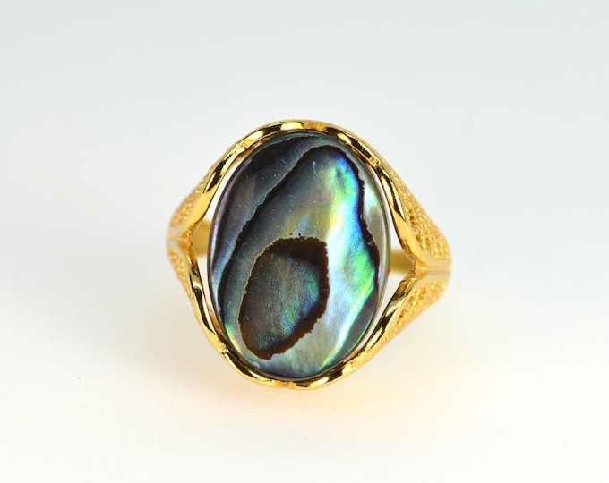 Gold Vermeil Filigree Ring for Women, Natural Abalone Shell Ring, Adjustable Ring, Hypoallergenic