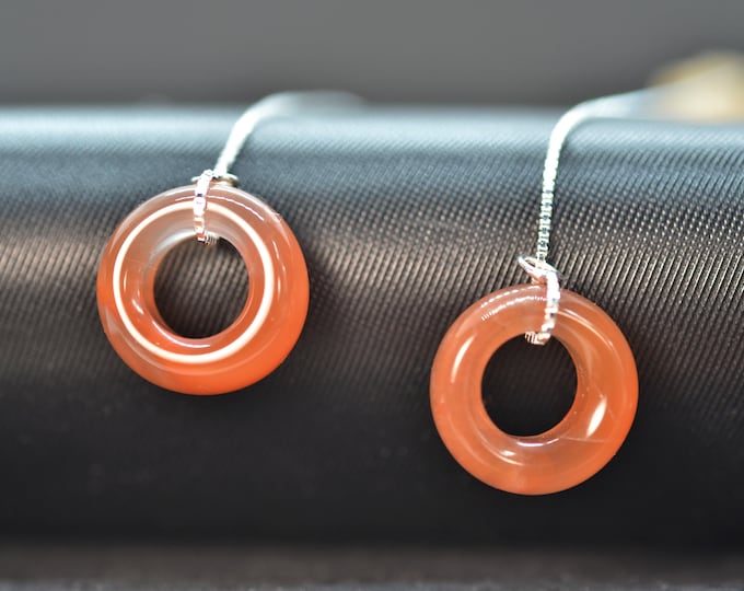 Natural Donut Carnelian Threader Earrings for Women, 925 Sterling Silver Earrings, Long Dangle Earrings, Hypoallergenic, Holiday Gift