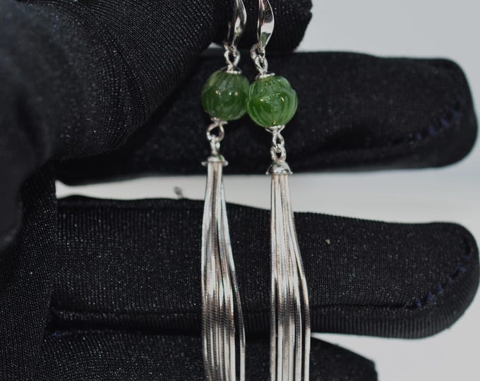 Solid Sterling Silver Natural Green Nephrite Jade Earrings for Women, Lotus Flower Long Tassel Dangle Earrings, Hypoallergenic