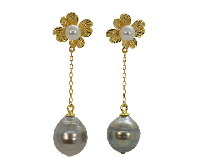 Genuine Tahitian and Freshwater Double Pearl Earrings for Women,  Fine Gold Vermeil Flower Tassel Earrings, Bridal Earrings