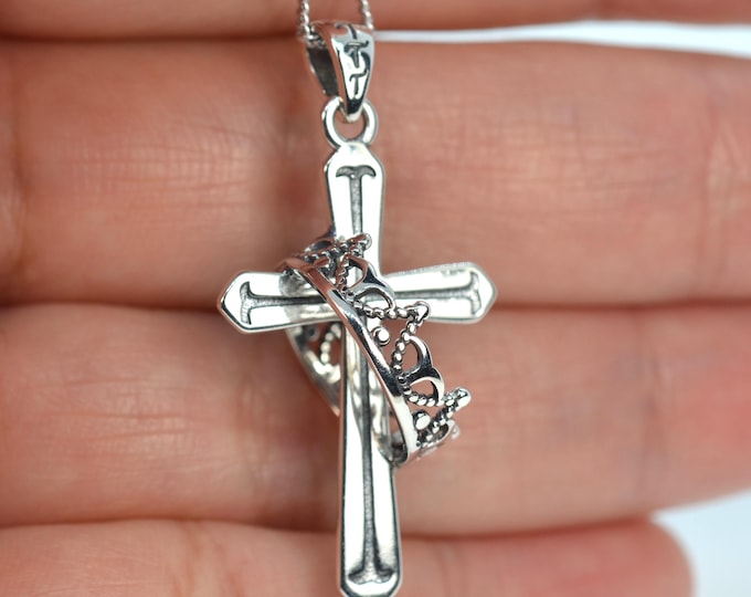 Cross Necklace Sterling Silver, Artisan Cross Pendant with Crown Ring, 18" Silver Chain Necklace, Hypoallergenic