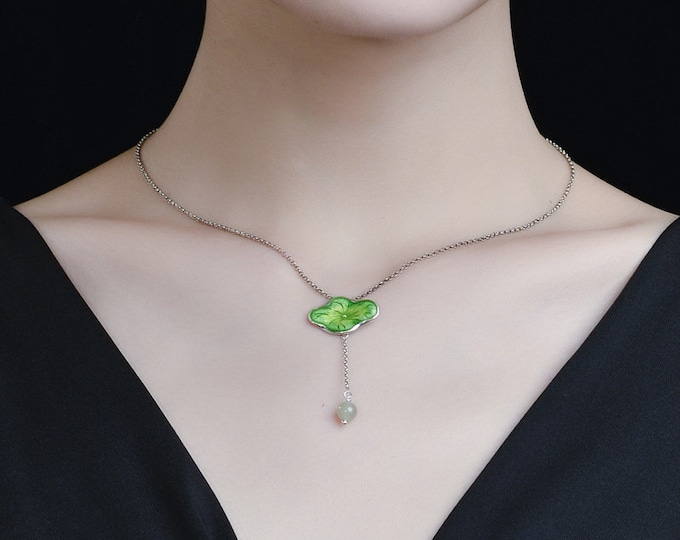 Enamel Sterling Silver Jade Necklace for Women: Green Lotus Leaf Pendant