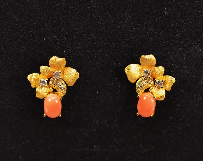 Natural Deep-Sea Coral Flower Earrings in 18K Gold Vermeil, Brushed Gold Botanical Earrings with CZ Accents