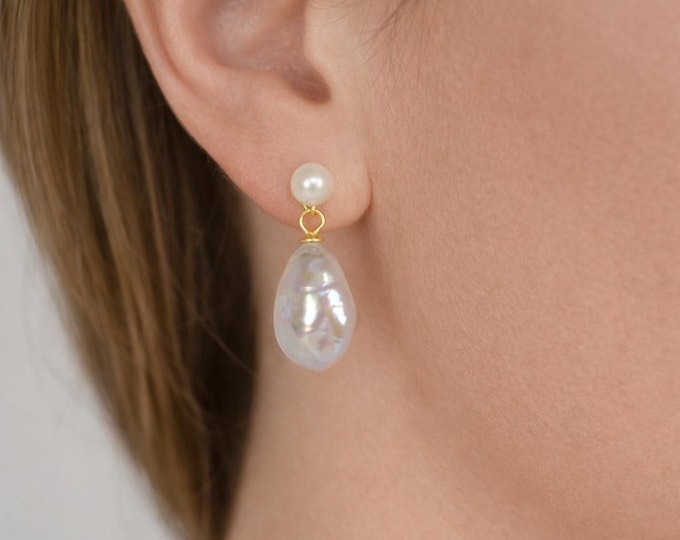 Baroque Pearl Earrings, Gold Vermeil, Double Freshwater Pearl Bridal Jewelry