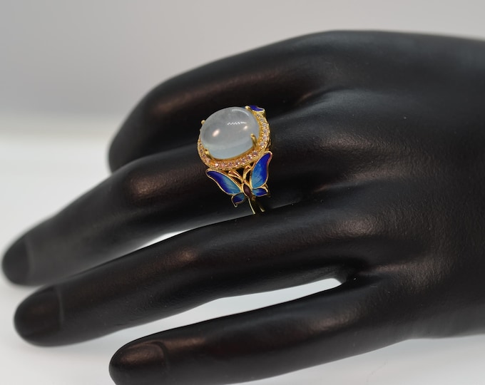 Natural Aquamarine Ring for Women, Artisan Enamel Butterfly Ring, Fine Gold Vermeil Ring, Adjustable Ring