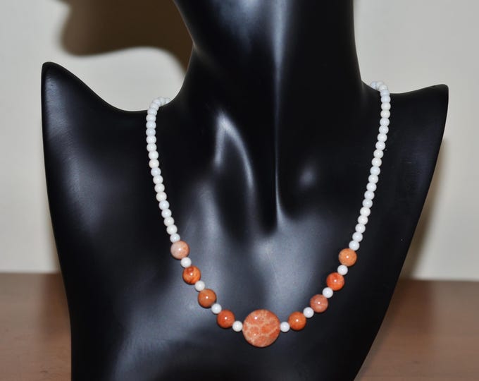 Natural White Coral and Red Fossil Coral Necklace for Women, 18" Adjustable, Hypoallergenic