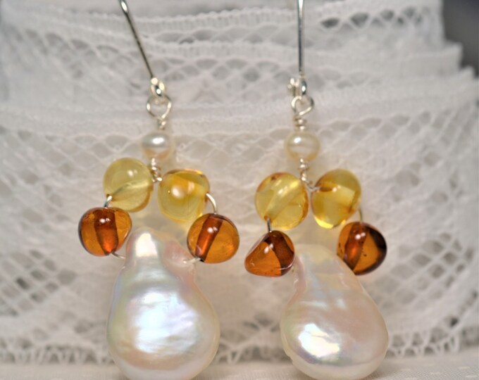 Baroque Pearl Amber Dangle Earrings, Sterling Silver Lever Back