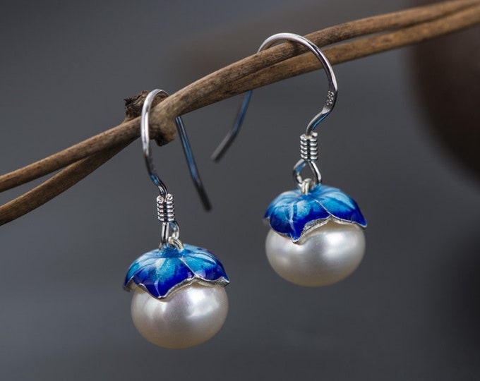 Sterling Silver Flower Earrings for Women, Freshwater Pearl Drop Earrings, Enamel Jewelry, Hypoallergenic