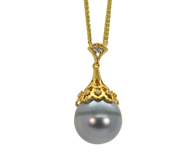 12 mm Natural Color Tahitian Pearl Pendant Necklace for Women, Fine Gold Vermeil Jewelry, 18 Inch Chain Necklace, Gift for Her