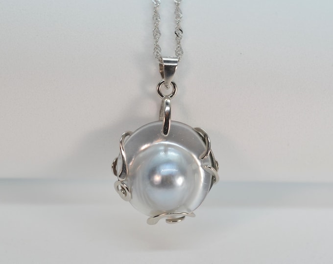 Natural Tahitian Mabe Pearl Necklace, 915 Sterling Silver, 18 Inch Chain, Unique Ocean Inspired Jewelry, Gift for Her