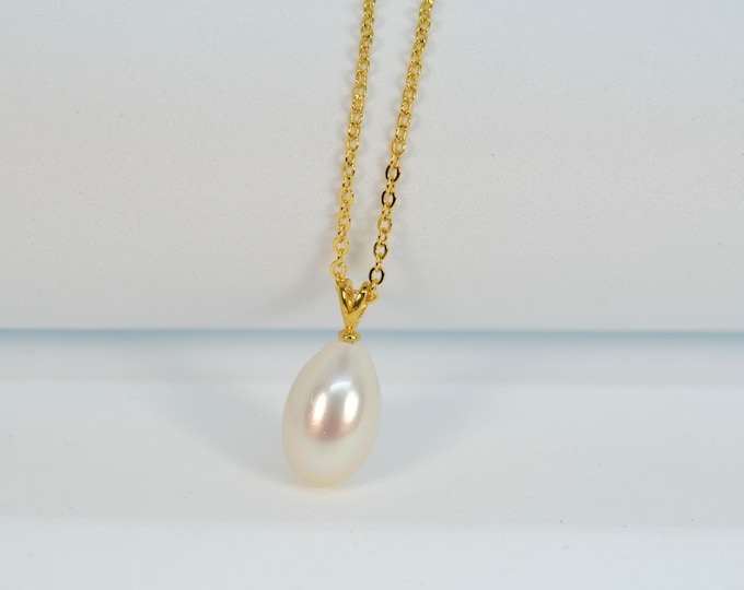 Teardrop Freshwater Pearl Pendant Necklace for Women, Fine Gold Vermeil Jewelry, Bridal Necklace