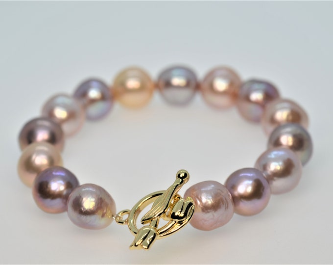 Edison Freshwater Pearl Bracelet, 14k Gold Filled Tulip Clasp, Metallic Pink Peach Purple Pearls
